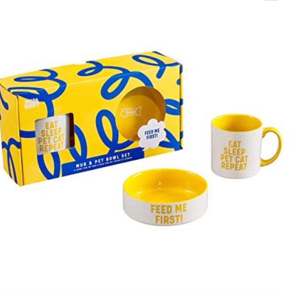 Wild & Woofy Ceramic Coffee Mug & Feed Me First Cat Food Bowl Set